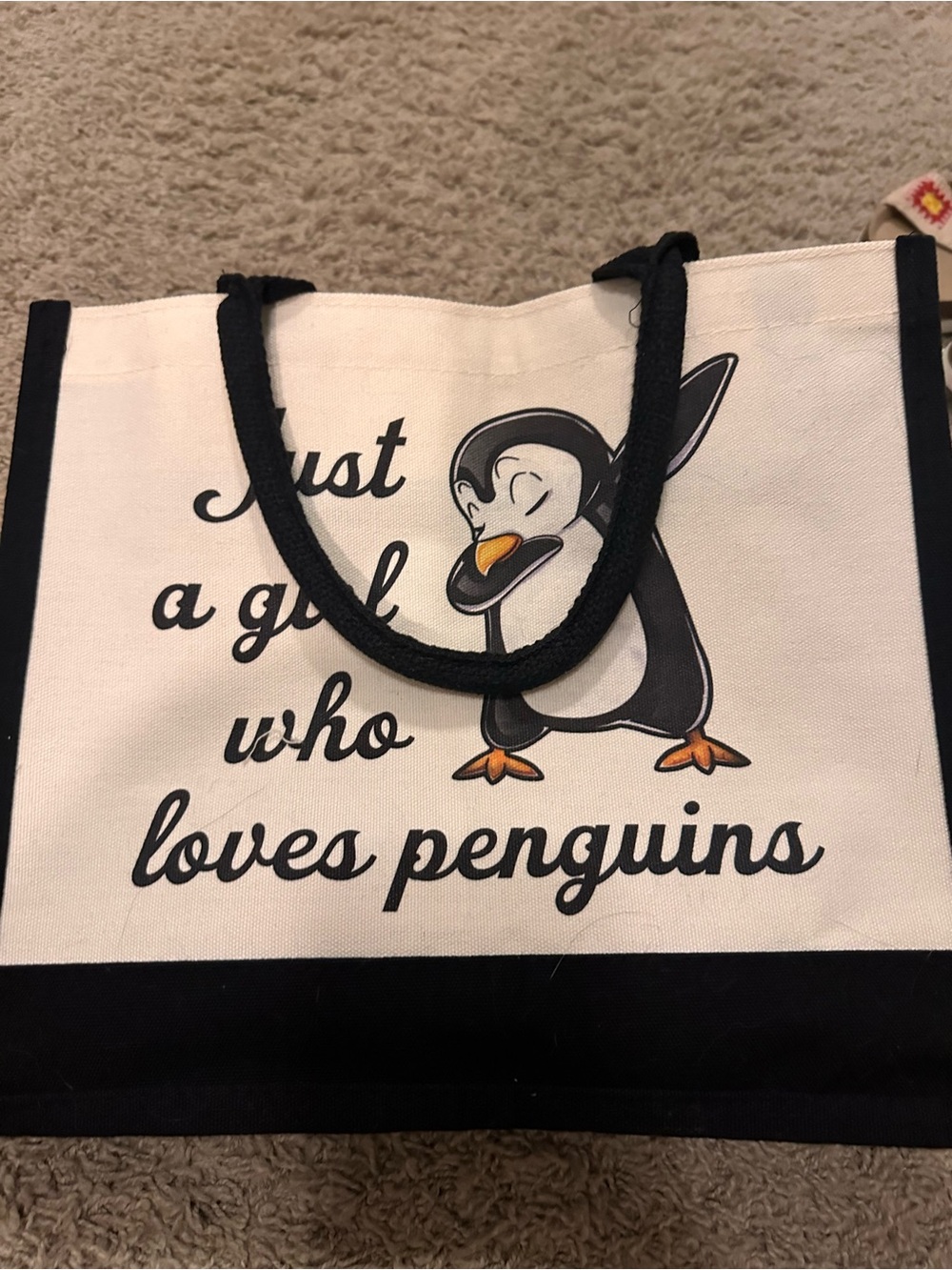 Canvas Penguin Print Tote Bag in Black and White
